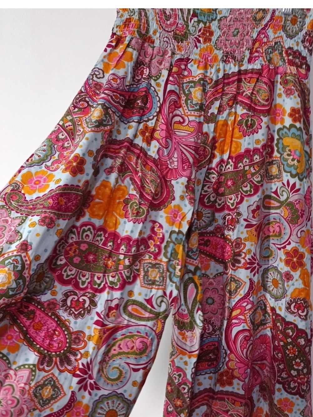 1. State Pink Paisley Wide Leg pants with Orange and Blue Accents